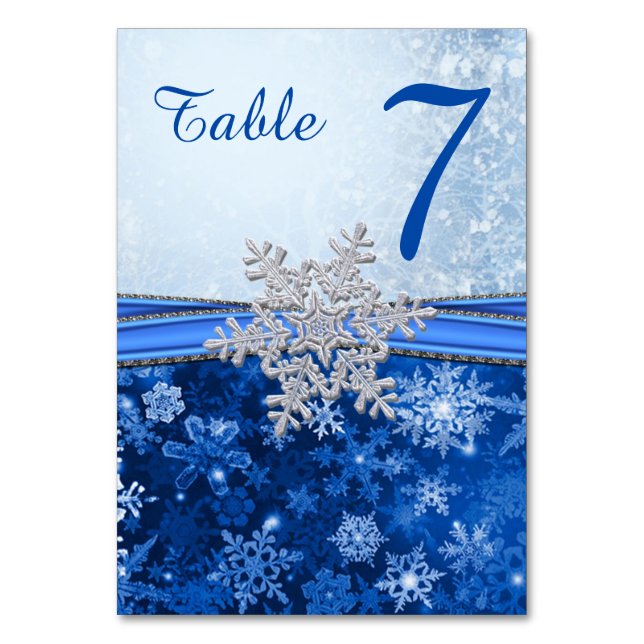 Silver White Snowflake auf Blue Tischnummer Card (Vorderseite)