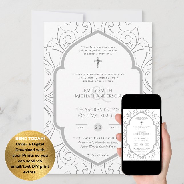 Silver White Verziert katholic Nuptial Mass Weddin Einladung (Von Creator hochgeladen)