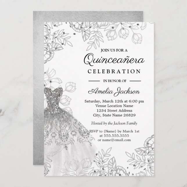 Silver White Vintag Floral Dress Quinceanera Einladung (Vorne/Hinten)