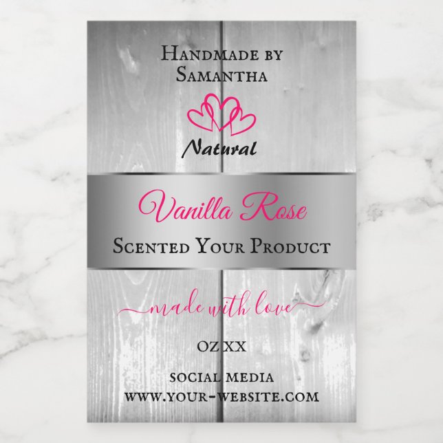 Silver White Wood Grain Product Labels Pink Hearts Lebensmitteletikett (Einzelnes Label)