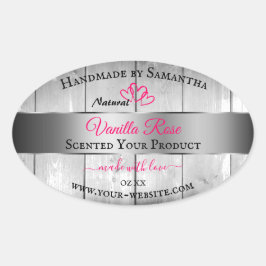 Silver White Wood Grain Product Labels Pink Hearts Ovaler Aufkleber