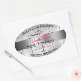 Silver White Wood Grain Product Labels Pink Hearts Ovaler Aufkleber