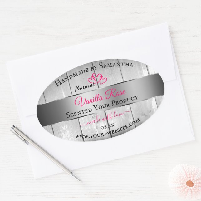 Silver White Wood Grain Product Labels Pink Hearts Ovaler Aufkleber (Umschlag)