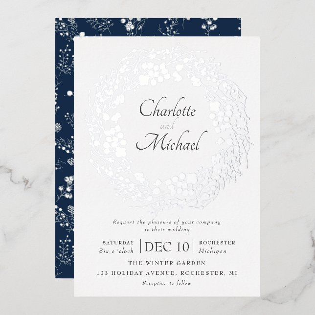 Silver Winter Beeren Kranz Hochzeitfolie invitati Folieneinladung (Vorderseite/Rückseite)