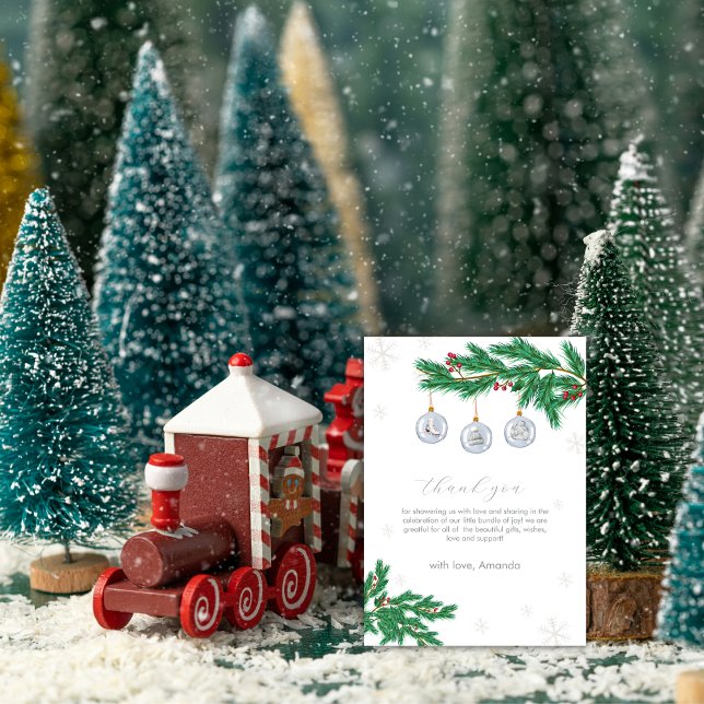 Silver Winter Clothesline Ornaments Baby Shower  Dankeskarte (Silver Winter Clothesline Ornaments Baby Shower Thank You Card)