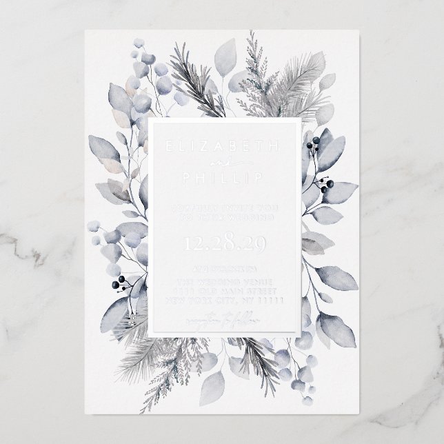 Silver Winter Floral Botanical Holiday Wedding Folieneinladung (Vorderseite)