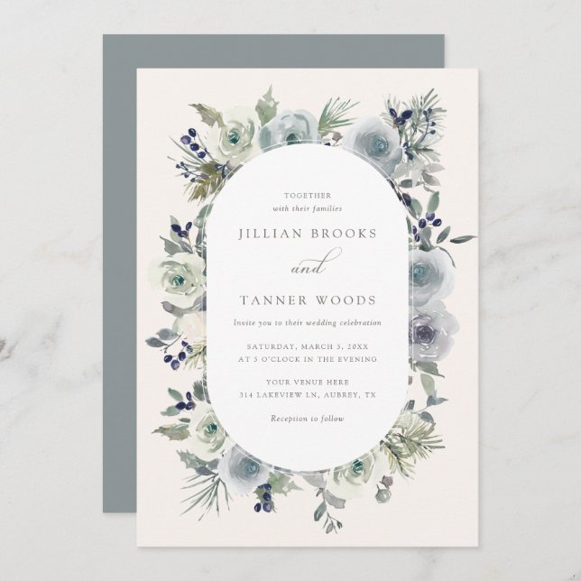 Silver Winter Floral Wedding Einladung (Vorne/Hinten)