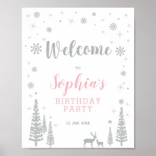 Silver Winter Girl Birthday Party Welcome Sign Poster