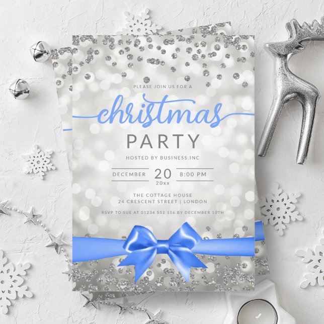Silver Winter Glam Company Xmas Blue Ribbon Einladung (Silver Winter Glam Company Xmas Blue Ribbon Invitation)