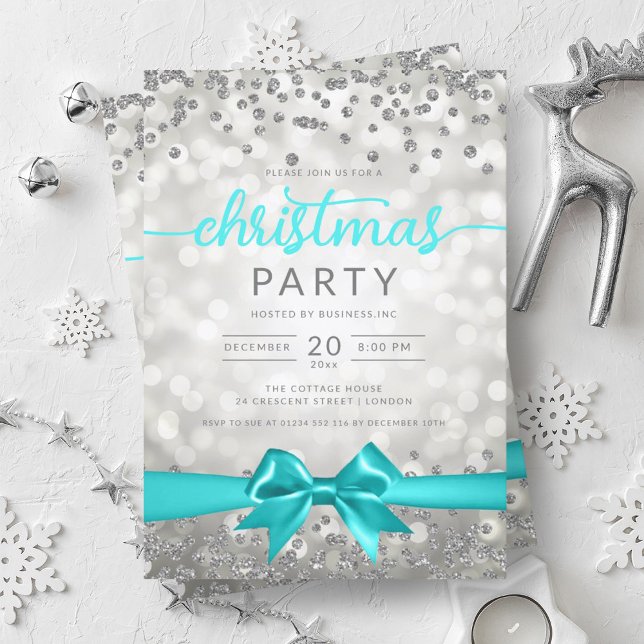 Silver Winter Glam Company Xmas Turquoise Ribbon Einladung (Silver Winter Glam Company Xmas Turquoise Ribbon Invitation)