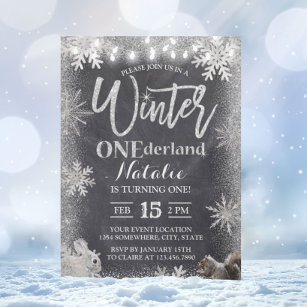 Silver Winter ONEderland 1. Geburtstag Chalkboard Einladung