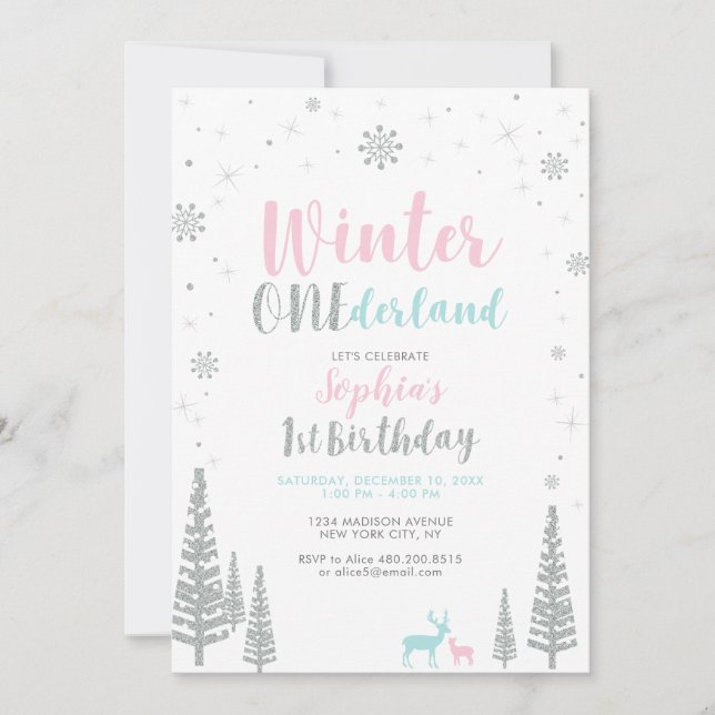 Silver Winter onederland 1. Geburtstagsparty Einladung (Vorderseite)