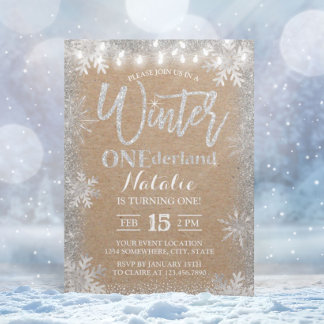 Silver Winter ONEderland 1. Rustic Kraft Geburtsta Einladung