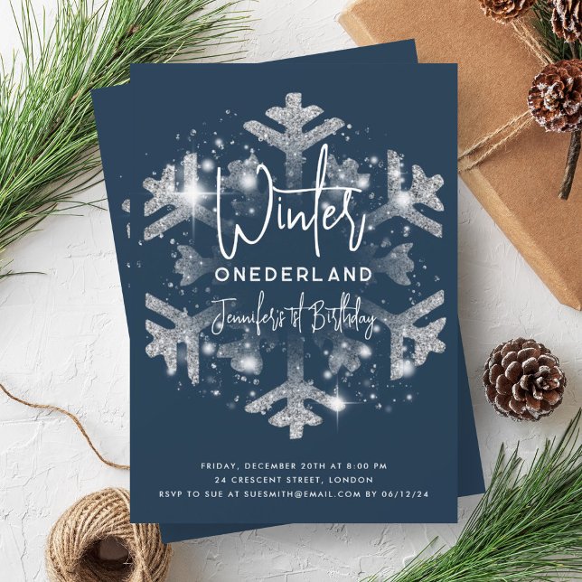 Silver Winter ONEDERLAND Geburtstag Glitzer Navy B Einladung (Silver Winter ONEDERLAND Birthday Glitter Navy Blu Invitation)