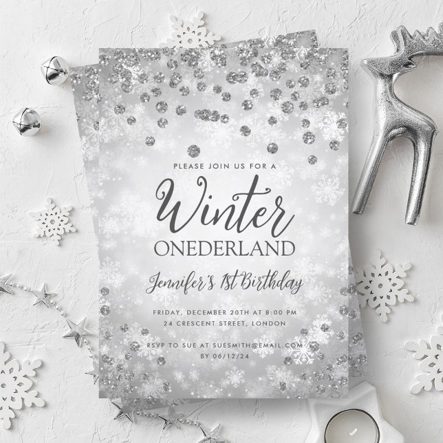 Silver Winter ONEDERLAND Glitzer 1. Geburtstag Einladung (Silver Winter ONEDERLAND Glitter 1st Birthday Invitation)