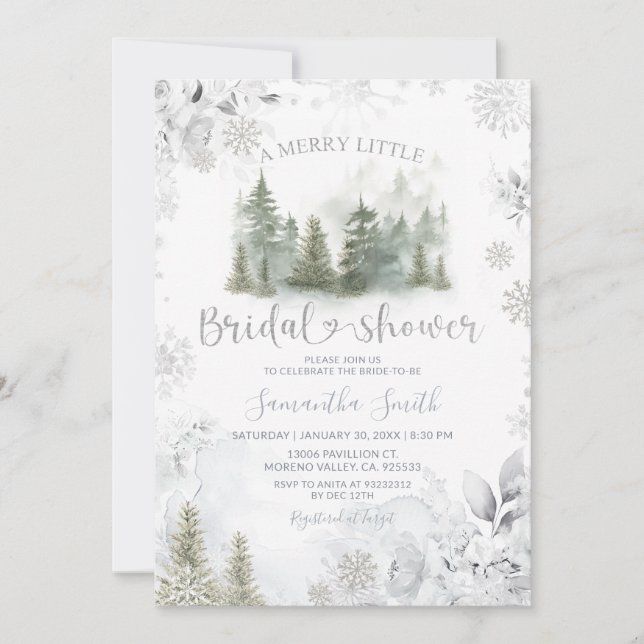 Silver Winter Pine Tree Merry Little Bridal Shower Einladung (Vorderseite)