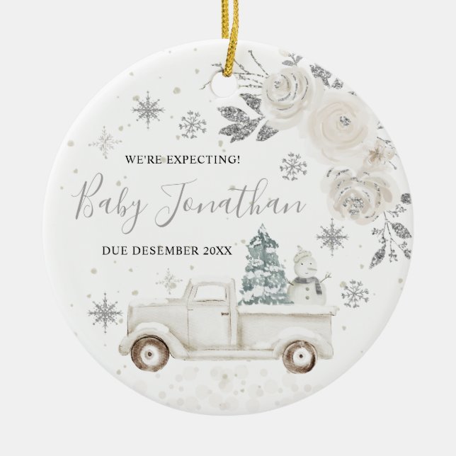 Silver Winter Truck Wir erwarten Eltern Keramik Ornament (Vorne)