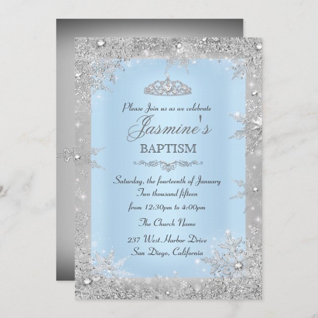 Silver Winter Wonderland Blue Baptisse Christening Einladung (Vorne/Hinten)