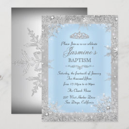 Silver Winter Wonderland Blue Baptisse Christening Einladung