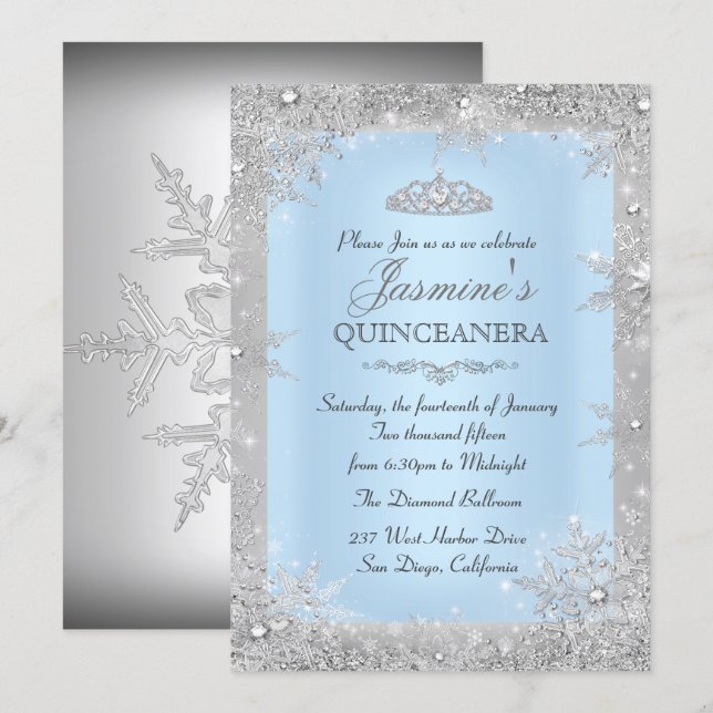 Silver Winter Wonderland Blue Quinceanera Einladun Einladung (Vorne/Hinten)