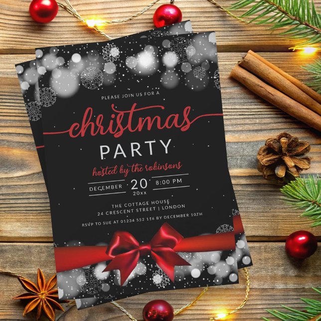 Silver Winter Wonderland Family Xmas Red Ribbon Einladung (Silver Winter Wonderland Family Xmas Red Ribbon Invitation)