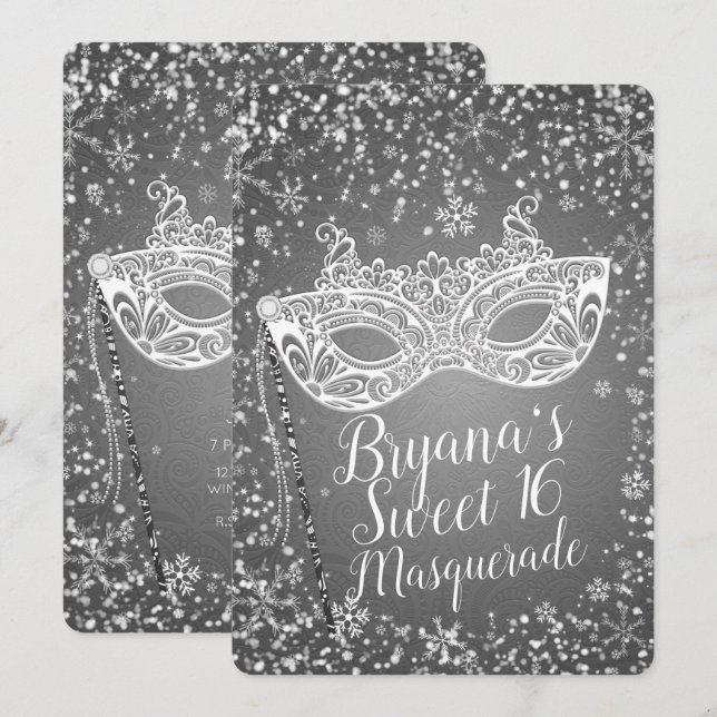 Silver Winter Wonderland Masquerade Sweet 16 Party Einladung (Vorne/Hinten)