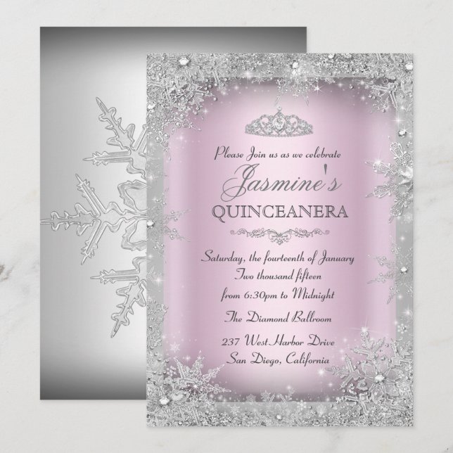 Silver Winter Wonderland Pink Quinceanera Party Einladung (Vorne/Hinten)