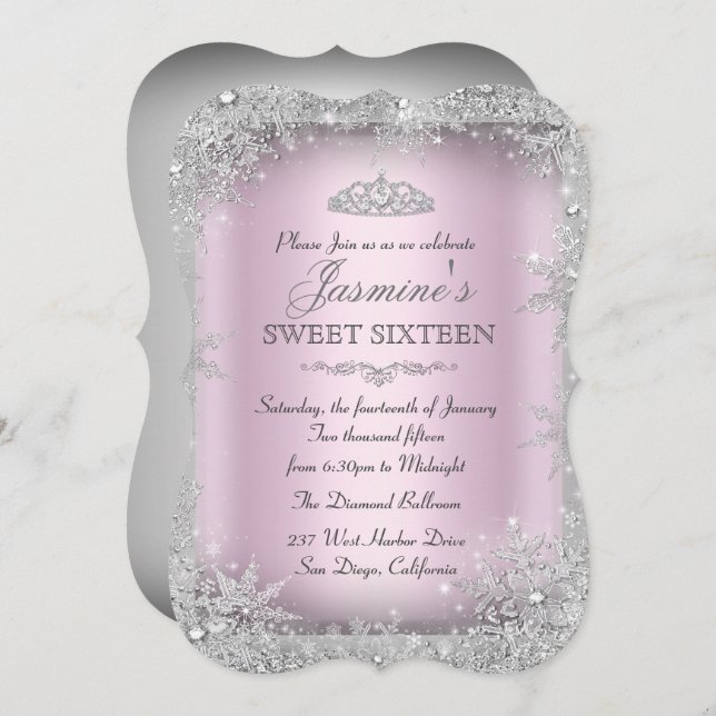 Silver Winter Wonderland Pink Sweet 16 Einladung 2 (Vorne/Hinten)