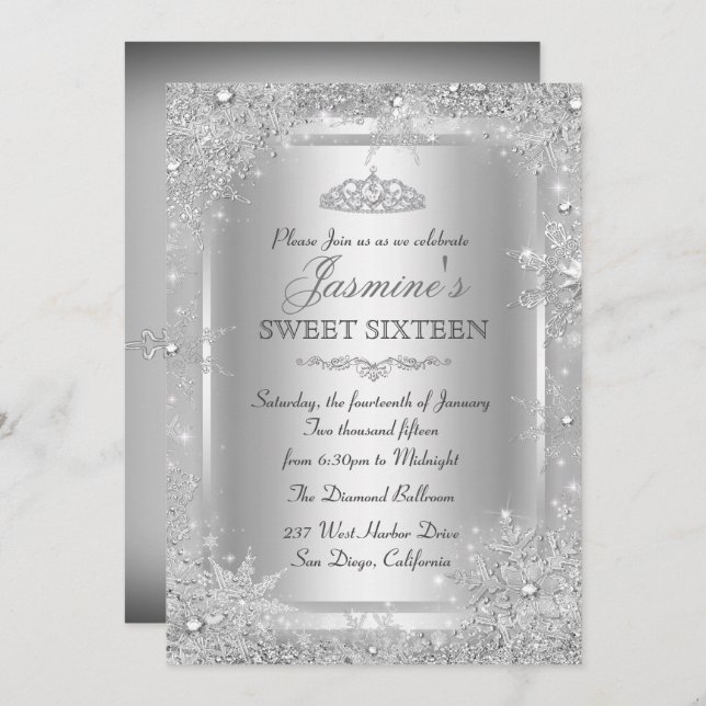 Silver Winter Wonderland Sweet 16 Einladung (Vorne/Hinten)