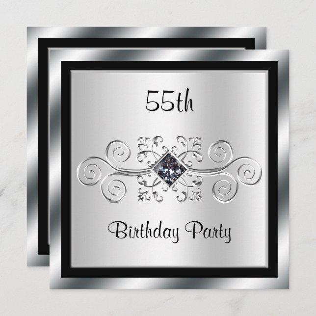 Silver Wirbel & Diamond 55. Geburtstagsparty Einladung (Vorne/Hinten)