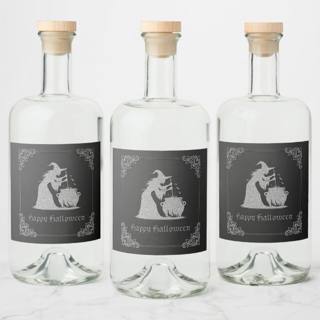 Silver Witch & Cauldron Halloween Alkoholflaschenetikett (Flaschen)
