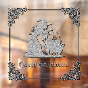 Silver Witch & Cauldron Halloween Fensteraufkleber