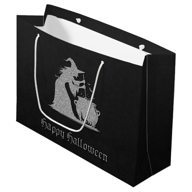 Silver Witch & Cauldron Halloween Große Geschenktüte (Vorderseite Schrägansicht)
