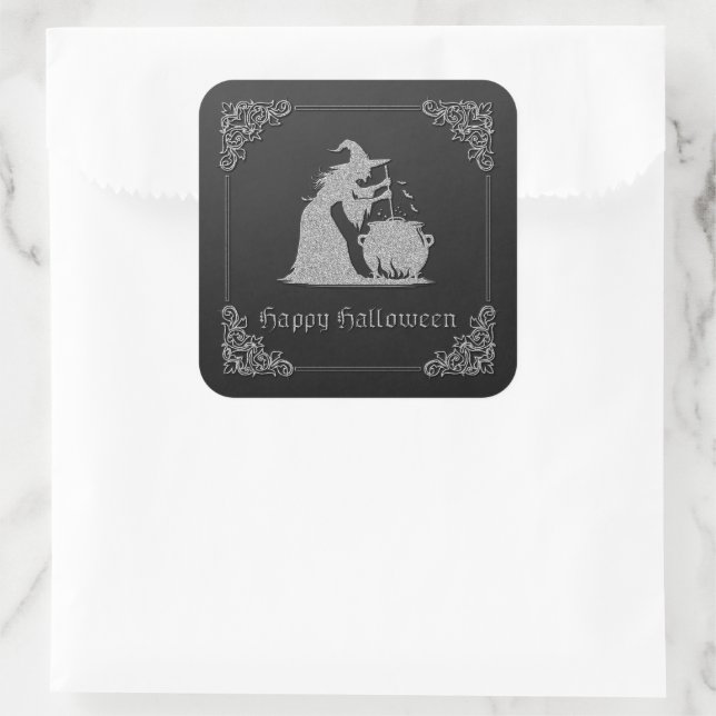 Silver Witch & Cauldron Halloween Quadratischer Aufkleber (Tasche)
