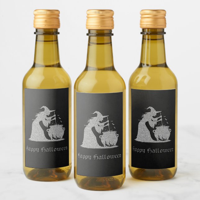 Silver Witch & Cauldron Halloween Weinetikett (Flaschen)