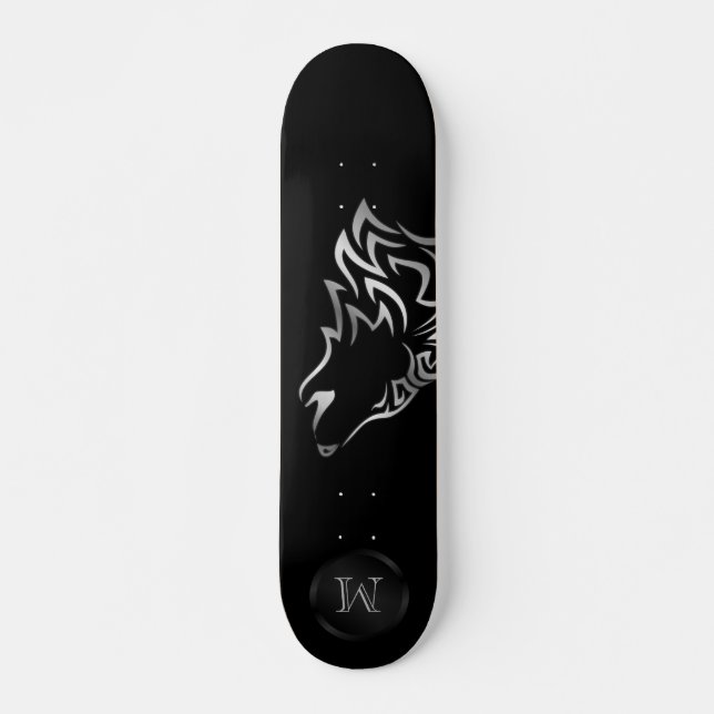 Silver Wolf Tribal Monogram Black Skateboard (Vorne)