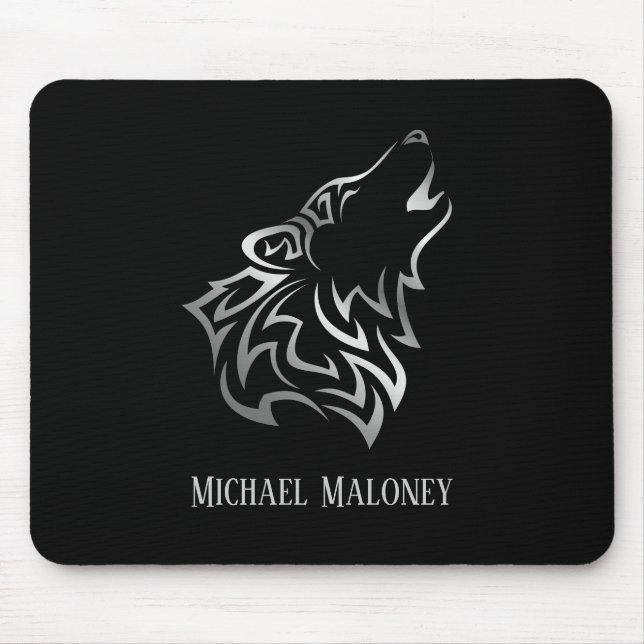 Silver Wolf Vector Tribal Monogram Black Mousepad (Vorne)