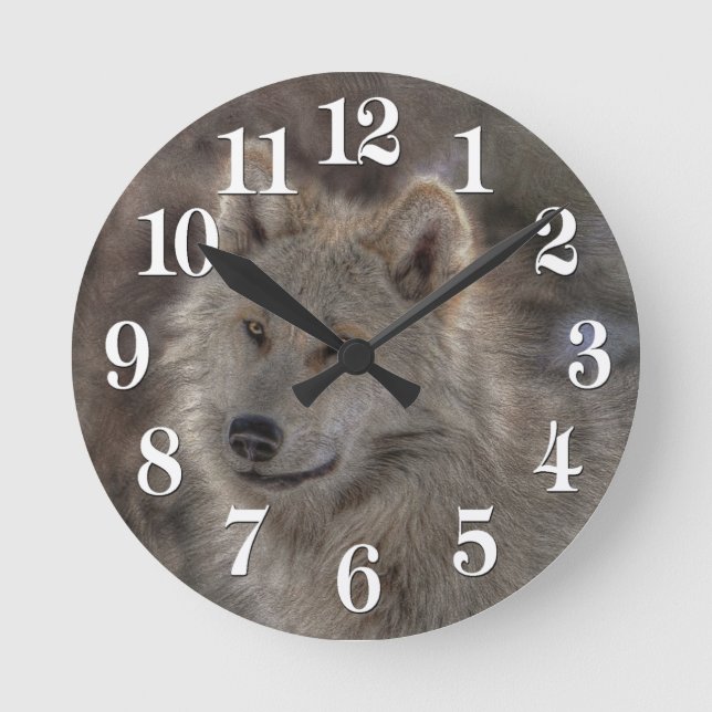 Silver Wolf Wildlife Art Clock Runde Wanduhr (Vorderseite)