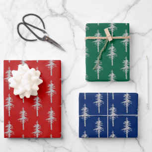 Silver Woodland Pine Tree Forest Green Red Blue Geschenkpapier Set