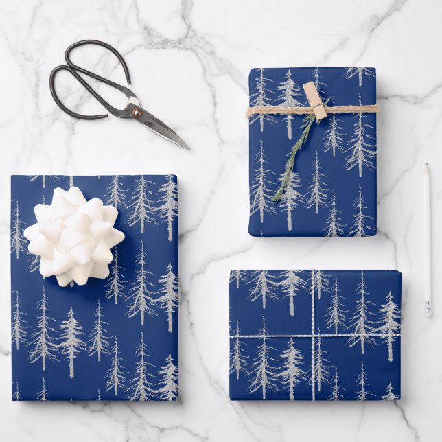 Silver Woodland Scraggy Sparse Spruce Tree Forest Geschenkpapier Set (Vorderseite)