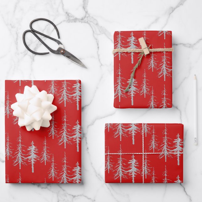 Silver Woodland Scraggy Sparse Spruce Tree Forest Geschenkpapier Set (Vorderseite)