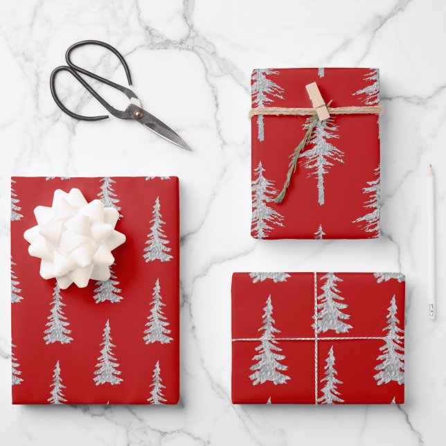 Silver Woodland Spruce Trees Holiday Red Geschenkpapier Set (Vorderseite)