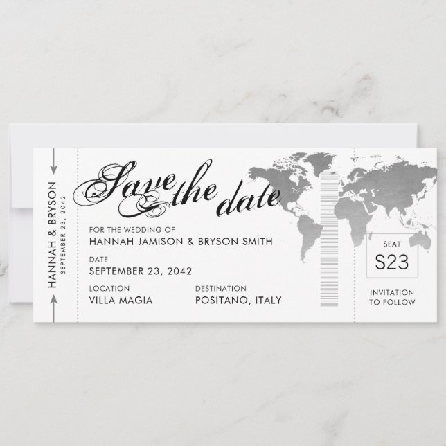 Silver World Map Boarding Pass Save the Date Karte (Vorderseite)