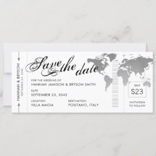 Silver World Map Boarding Pass Save the Date Karte