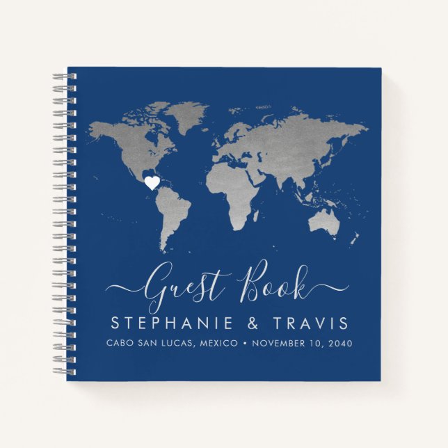 Silver World Map Heart Destination Gästebuch Notizbuch (Vorderseite)