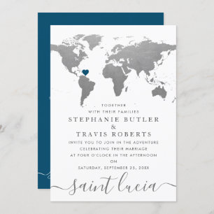 Silver World Travel Map Hochzeit in Urlaubsort Einladung