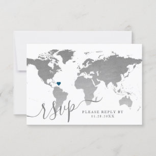 Silver World Travel Map Hochzeit in Urlaubsort RSVP Karte