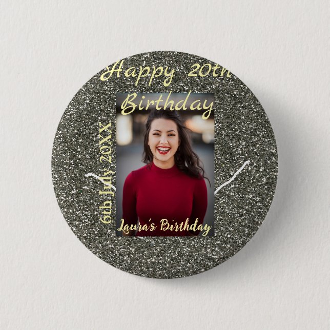 Silverglitter Foto 20. Geburtstag Namensdatum hinz Button (Vorderseite)