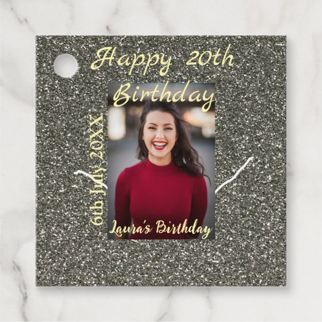 Silverglitter Foto 20. Geburtstag Namensdatum hinz Geschenkanhänger (Vorderseite)