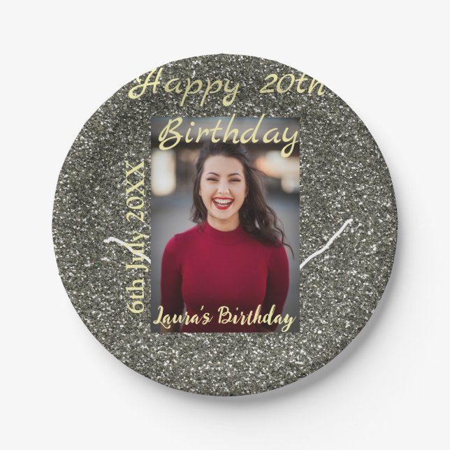 Silverglitter Foto 20. Geburtstag Namensdatum hinz Pappteller (Vorderseite)